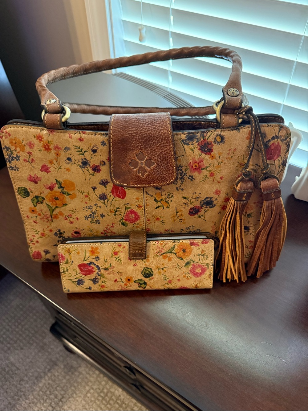 Patricia Nash Floral Canvas Tote and Wallet in Cream with Brown Leather